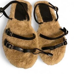 Zara Furry Sandals in Tan and Black